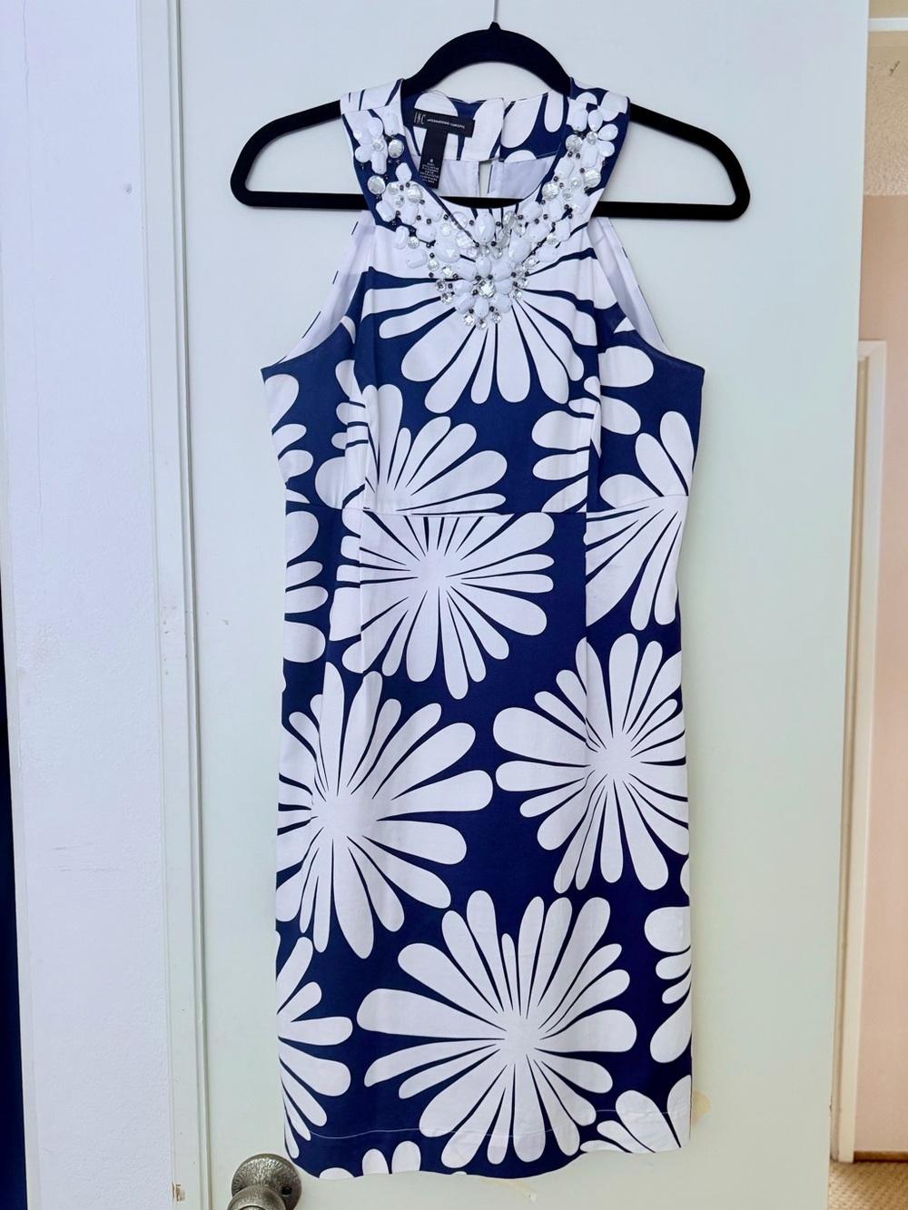 INC International Concepts Navy & White Floral Jewel-Neck Sheath Dress